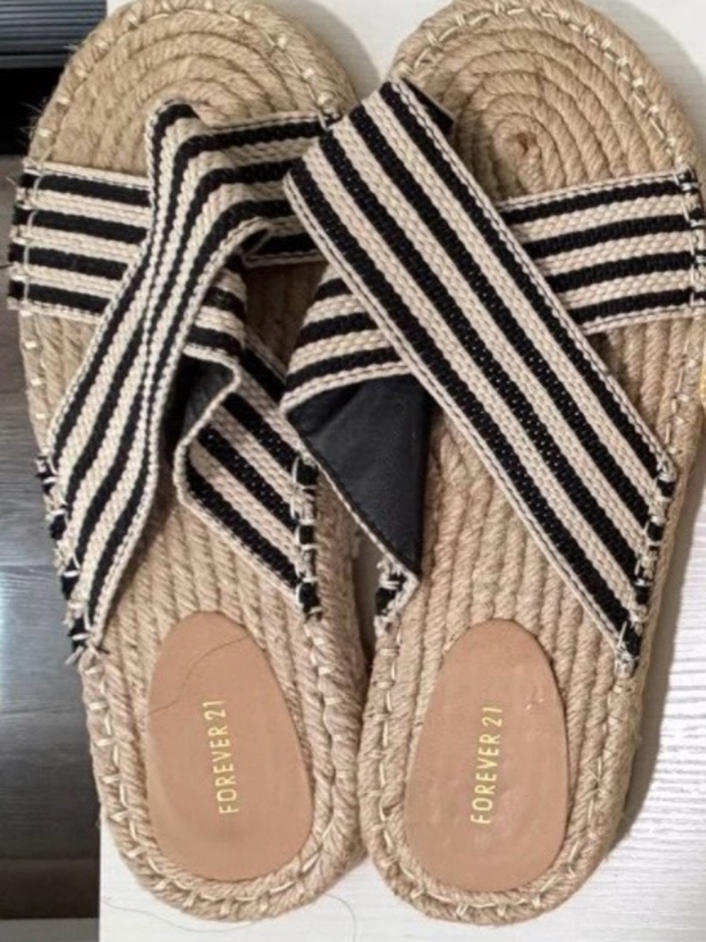 Forever 21 Black & Natural Striped Rope Slide Sandals